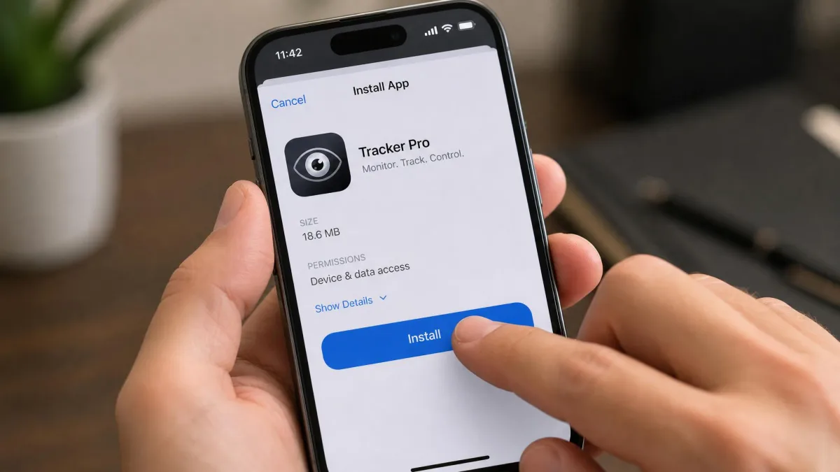 Close-up of hands holding an unlocked smartphone and installing an app, illustrating that most phone spyware requires physical access to set up.