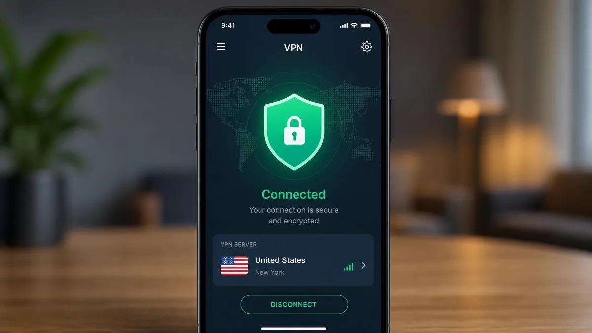 Smartphone screen showing a VPN app in the connected state with a server location selected and a shield icon indicating active encryption.