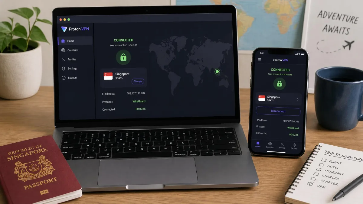 A laptop and a smartphone side by side on a desk next to a passport, both showing the Proton VPN app connected to a Singapore server during setup before a trip.