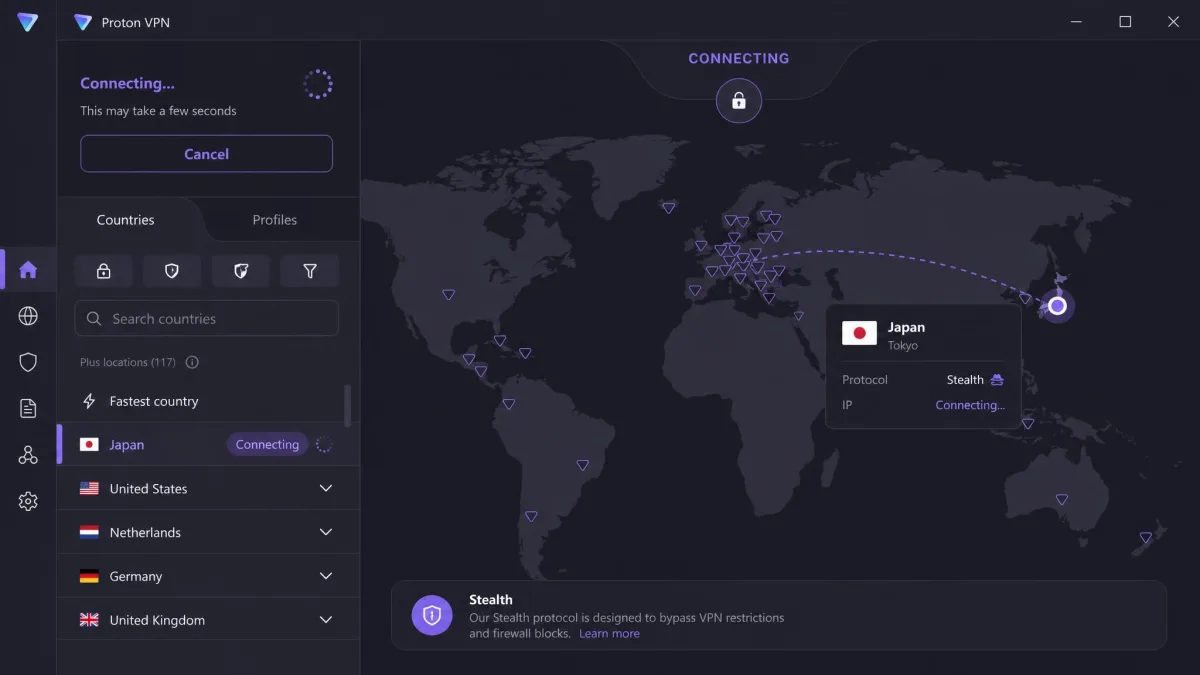 The Proton VPN desktop app mid-connection with the Stealth protocol selected, showing the "Connecting" status and a Japan server chosen on the map.