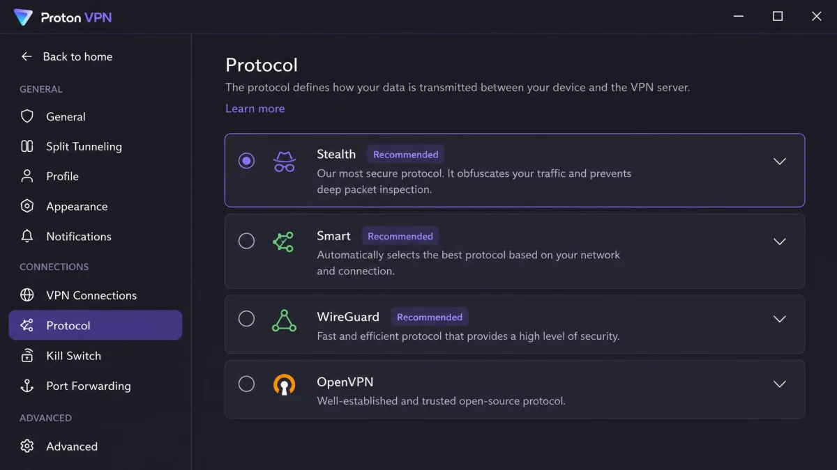Proton VPN's Windows settings screen open on the Protocol page under Connections, with Stealth selected ahead of Smart, WireGuard and OpenVPN options.