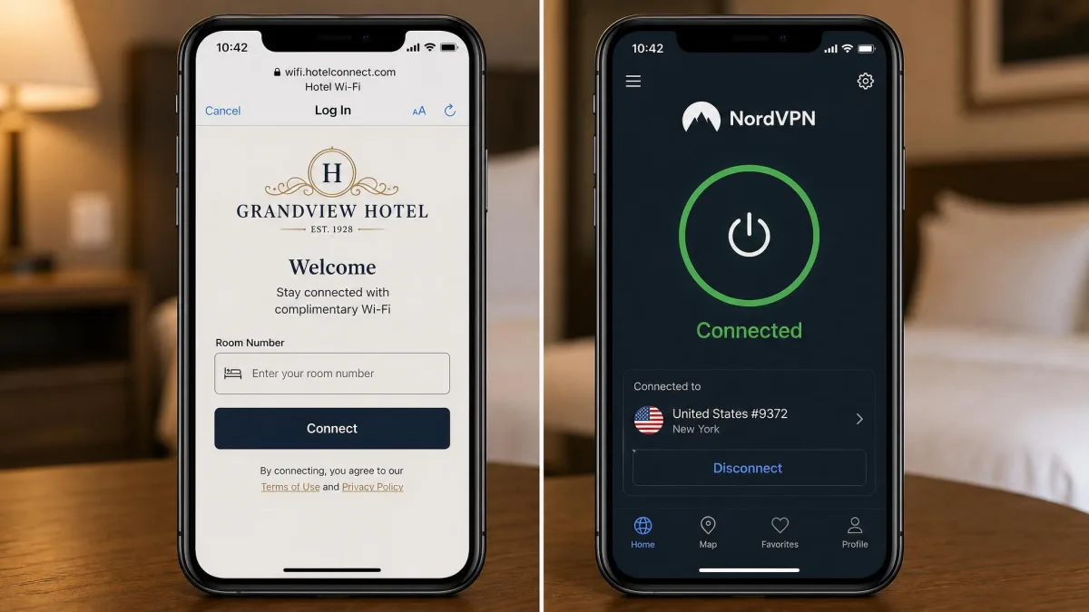 A smartphone showing a hotel Wi-Fi sign-in page with a room number field, beside the same phone showing a VPN app with a connected status.