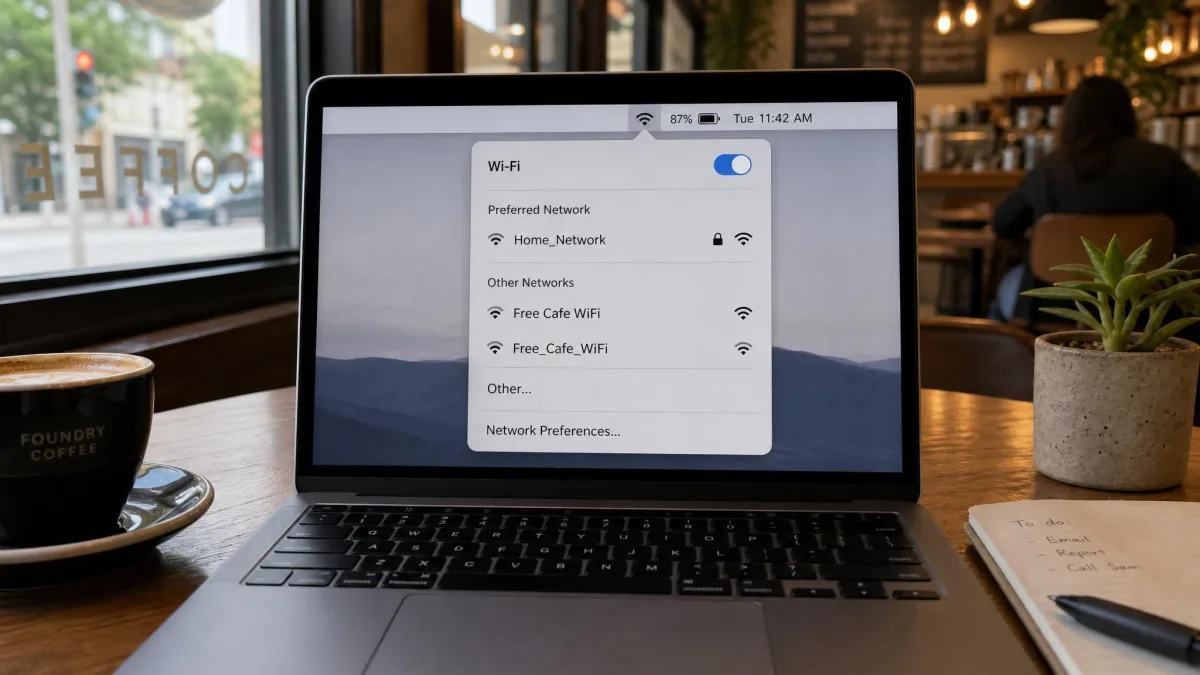 A laptop on a café table showing a Wi-Fi network list with two nearly identical open hotspots named "Free Cafe WiFi" and "Free_Cafe_WiFi".