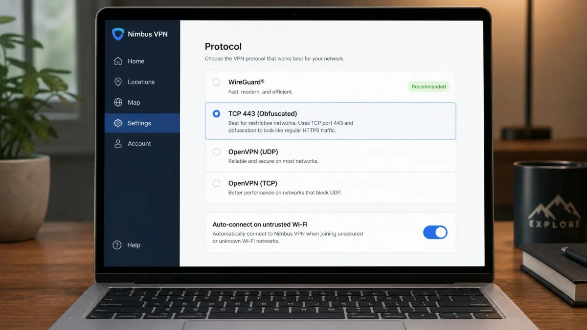 A VPN app's protocol settings screen on a laptop with WireGuard deselected and a TCP 443 obfuscated option selected, plus an auto-connect on untrusted Wi-Fi toggle switched on.