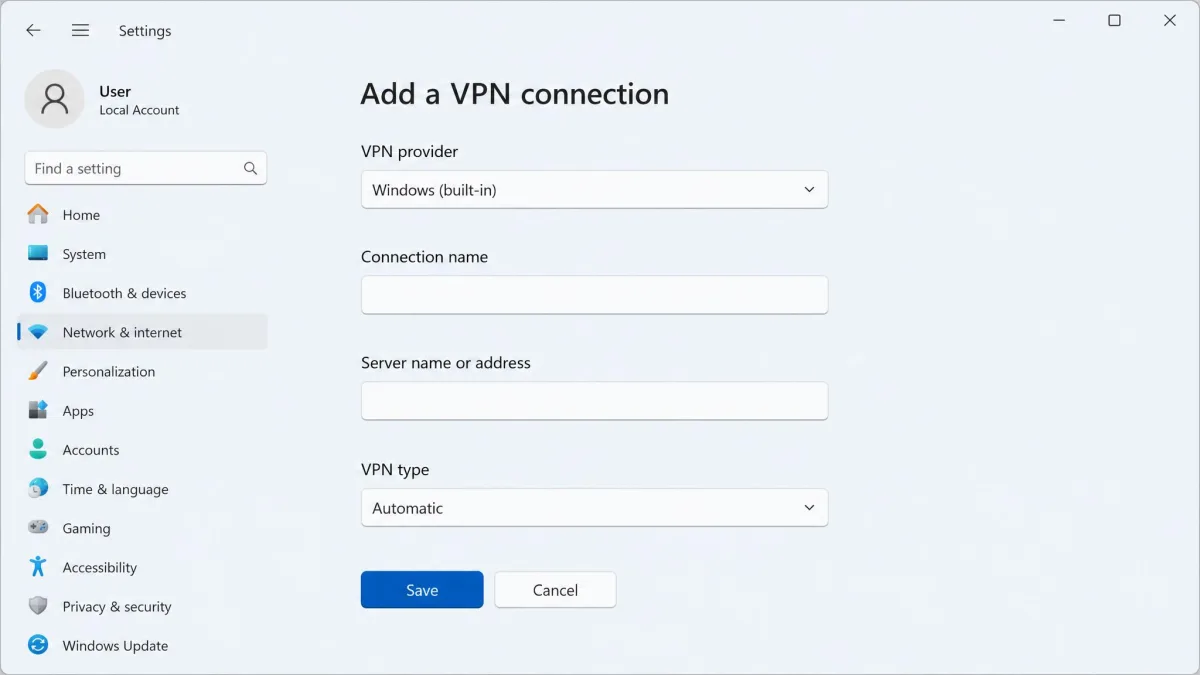 The Windows 11 Add a VPN connection form with fields for VPN provider set to Windows built-in, connection name, server name or address, and VPN type dropdown.