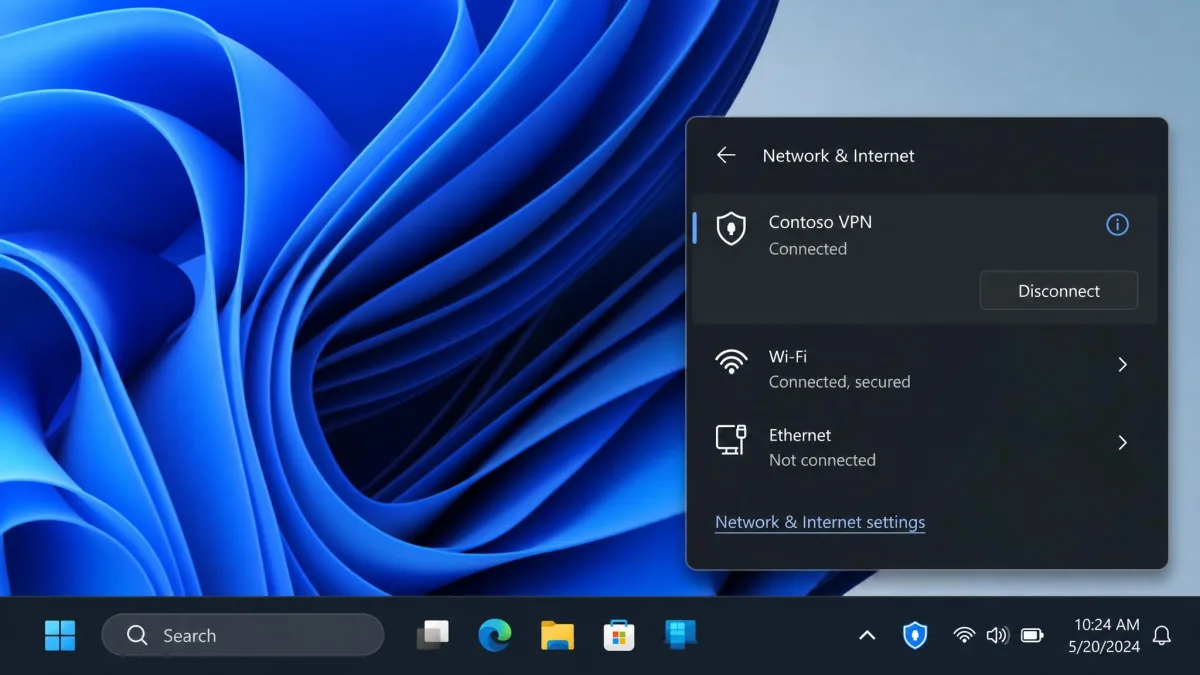 Windows taskbar network flyout showing a VPN connection marked Connected with the blue shield status icon visible in the system tray.