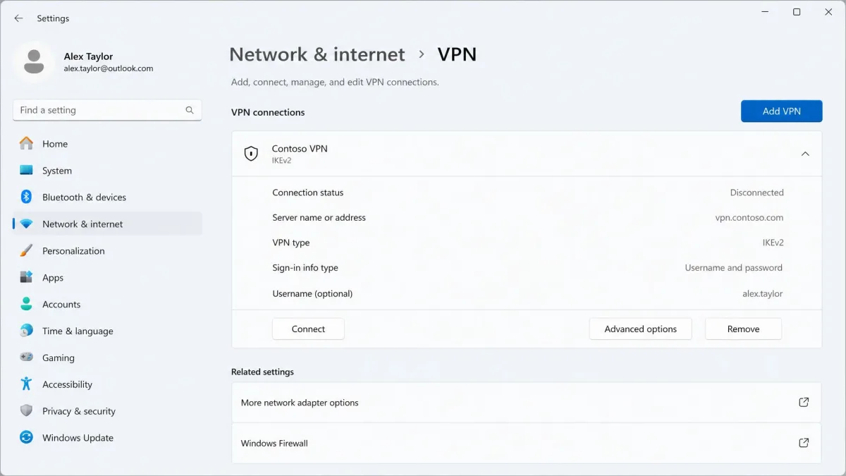 The Windows 11 VPN settings page under Network and internet, showing a saved VPN profile with Connect, Advanced options, and Remove buttons.