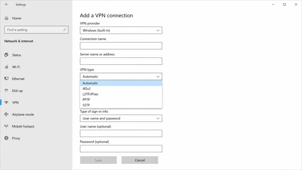 The VPN type dropdown in the Windows Add a VPN connection form expanded to show Automatic, IKEv2, L2TP/IPsec, PPTP, and SSTP protocol options.