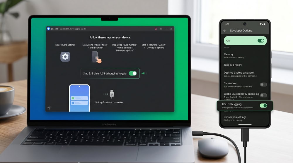Dr.Fone on-screen instruction panel guiding a user to enable USB debugging on a Pixel running Android 14, with the phone's developer options screen shown beside the laptop.