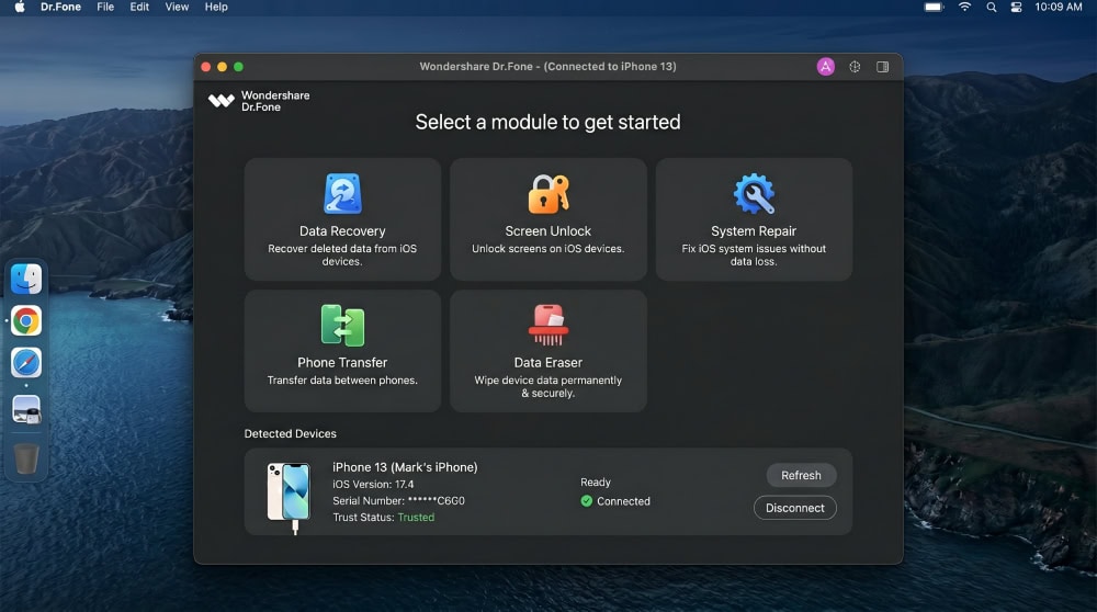 Wondershare Dr.Fone module selection grid on macOS showing Data Recovery, Screen Unlock, System Repair, Phone Transfer, and Data Eraser tiles with a connected iPhone detected at the bottom.