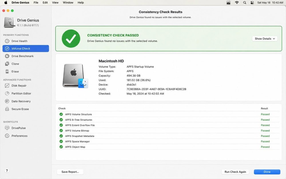 Drive Genius Consistency Check results on macOS reporting a clean APFS startup volume with a green pass status.