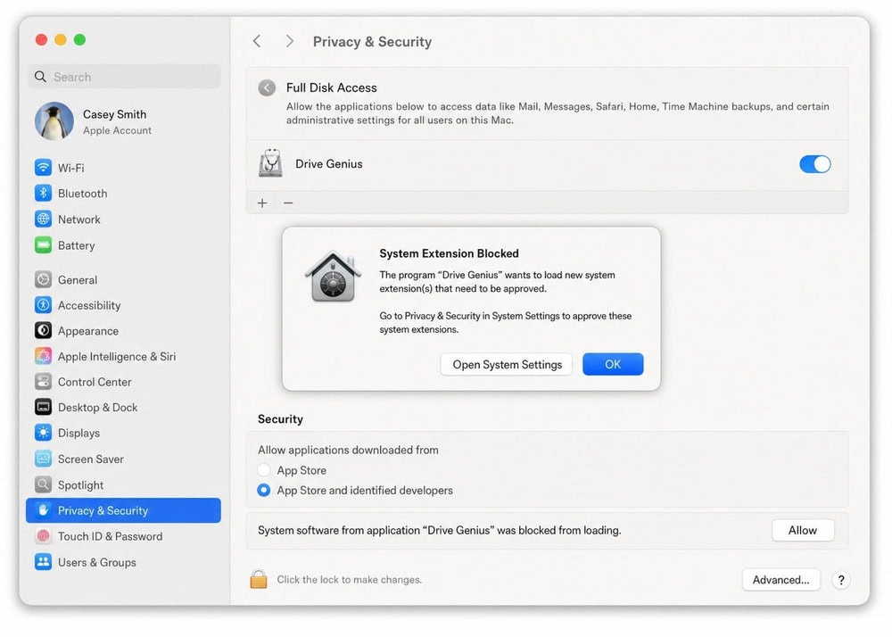 macOS Privacy and Security pane enabling Full Disk Access for Drive Genius beside a system-extension approval prompt.