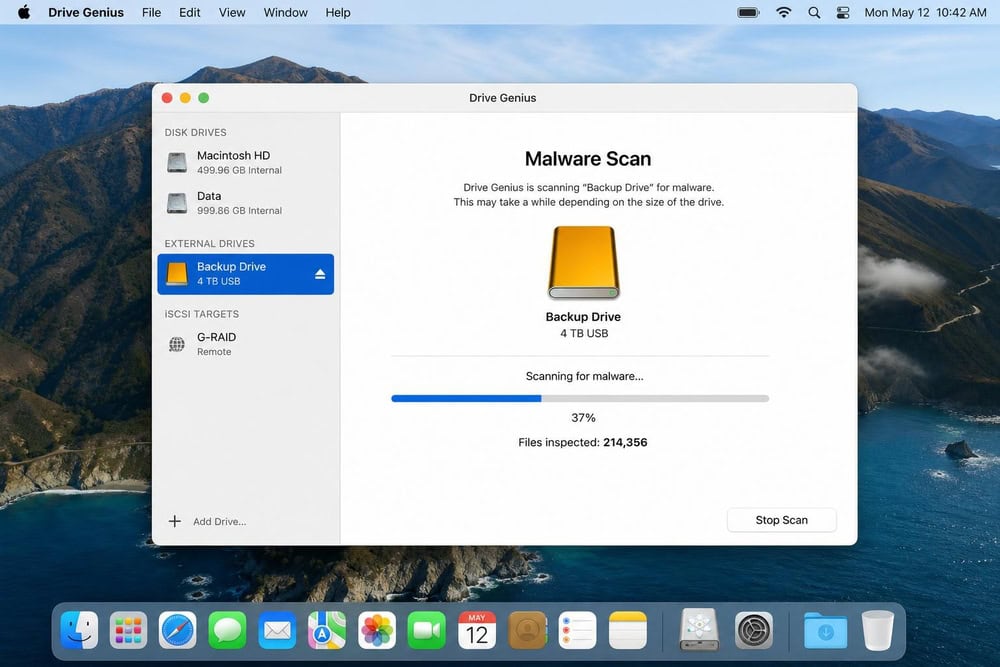 Drive Genius Malware Scan in progress on macOS showing a progress bar over an external volume and a count of files inspected.