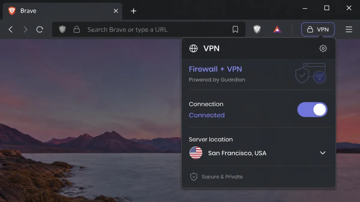 The Brave browser toolbar with the VPN panel open, showing the connection toggle, the selected city-level server and the Firewall + VPN label.