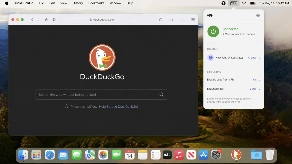 The DuckDuckGo browser on a Mac with the VPN panel open from the menu bar, showing the connected status, the selected city location and the exclusion settings.