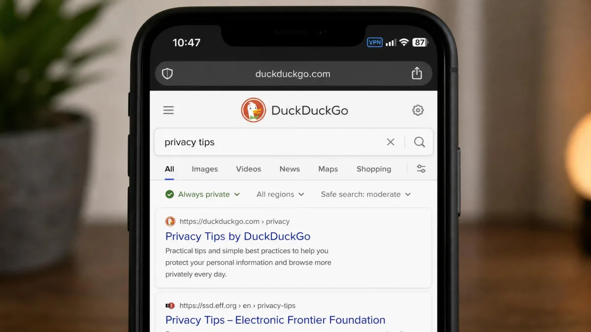 A phone showing the DuckDuckGo browser open on a search results page while the status bar displays the VPN icon from a separate third-party VPN app.