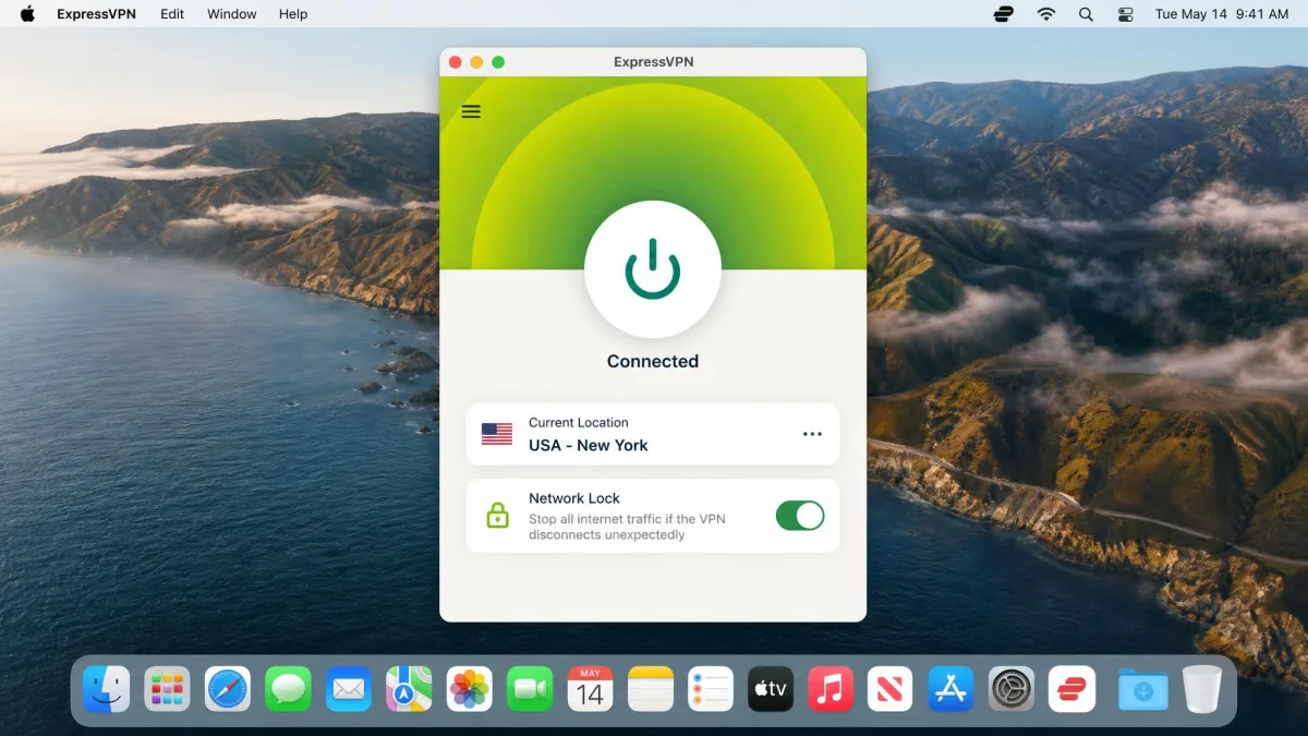 ExpressVPN's Mac app connected to a US server over the Lightway protocol, with the large power button, the current location card and the Network Lock setting visible.