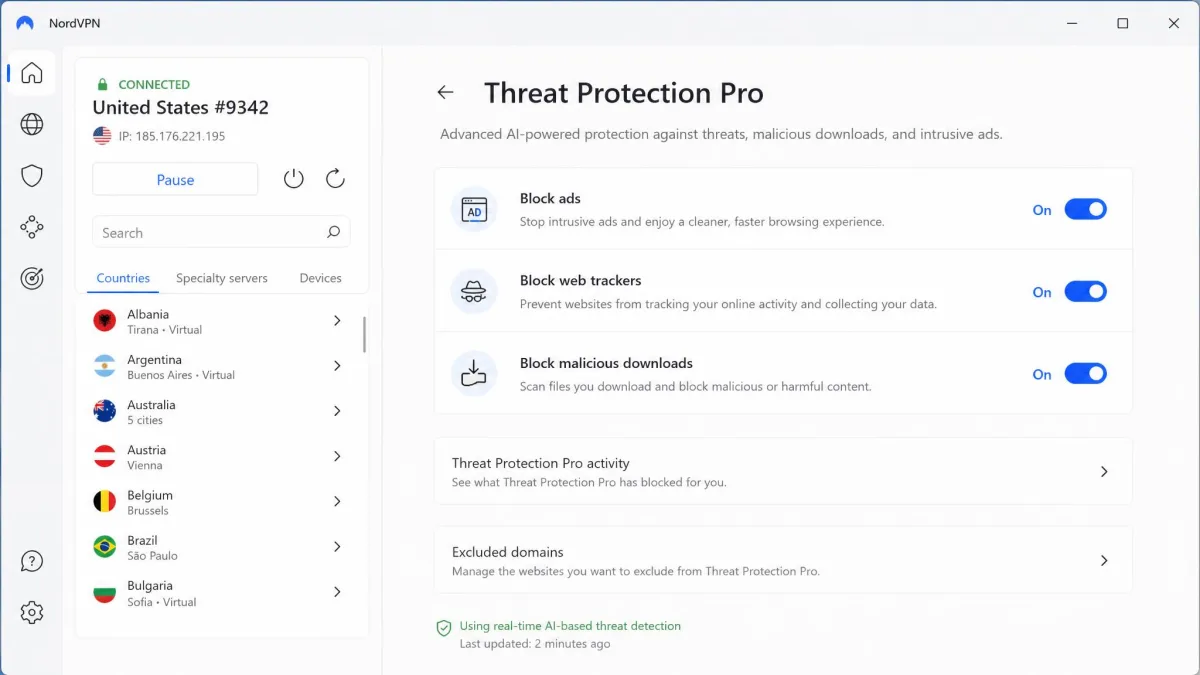 NordVPN's Windows app with the Threat Protection Pro panel open, showing toggles for blocking ads, trackers and malicious downloads next to the server list.