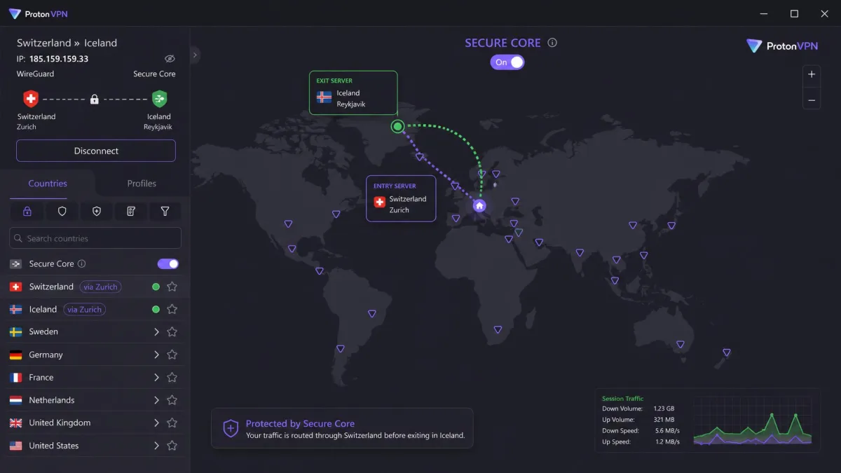 Proton VPN's desktop app on Windows with the Secure Core map open, showing traffic routed through a Swiss server before exiting in another country, with the country list on the left.