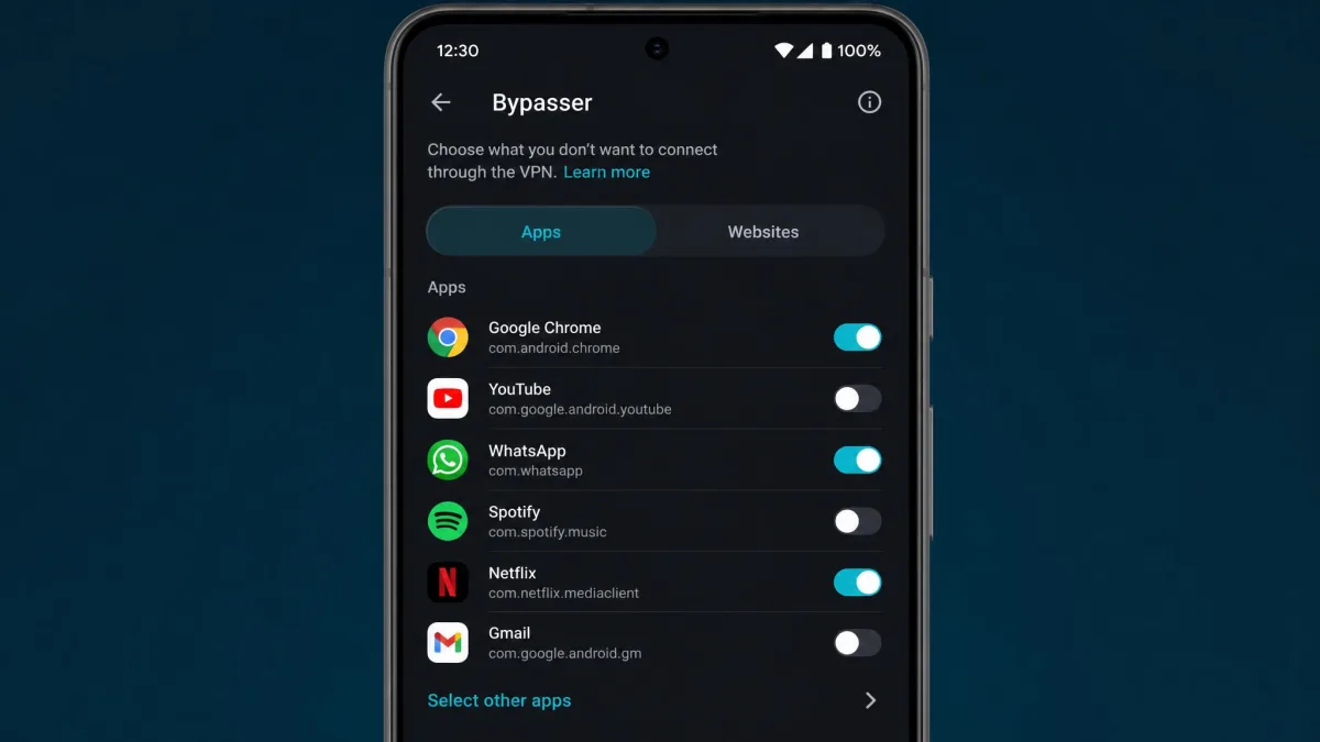 Surfshark's Android app showing the Bypasser screen, with a list of apps and websites excluded from the VPN tunnel and toggles beside each one.