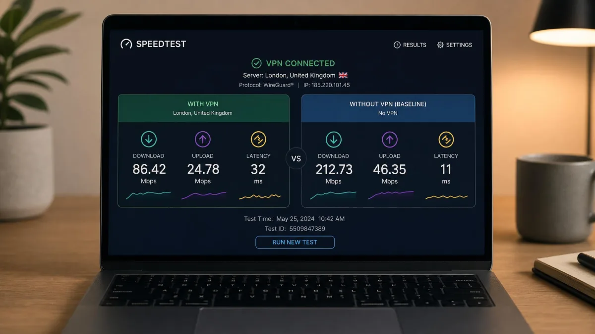 A laptop running a speed test with a VPN connected, showing download, upload and latency figures side by side with a baseline result taken without the VPN.
