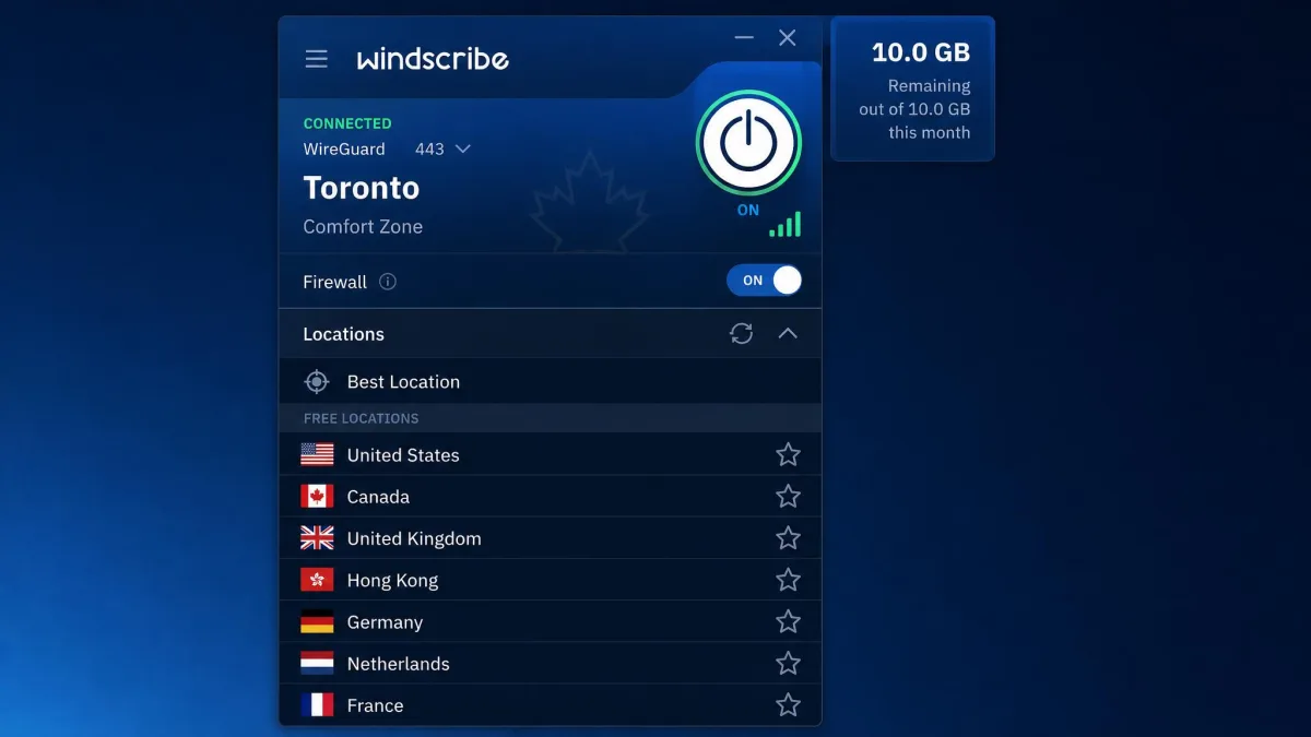 Windscribe's desktop app on the free plan, showing the remaining monthly data allowance in the corner and the list of free server locations with star icons.