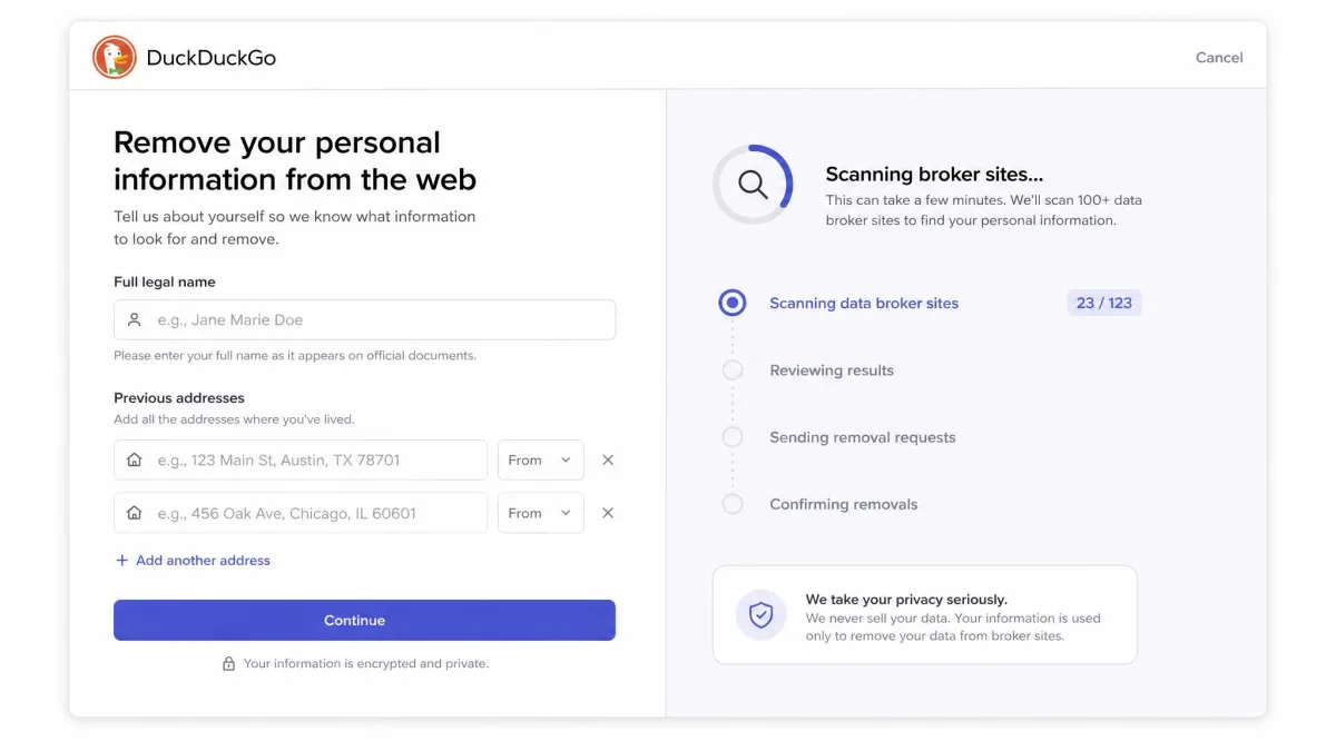 DuckDuckGo Personal Information Removal setup screen asking for a full name and previous addresses, with a progress indicator showing broker sites being scanned.