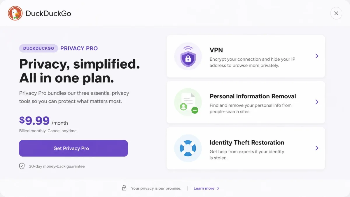 The DuckDuckGo Privacy Pro subscription screen showing the three bundled tools, VPN, Personal Information Removal, and Identity Theft Restoration, listed as cards with short descriptions.