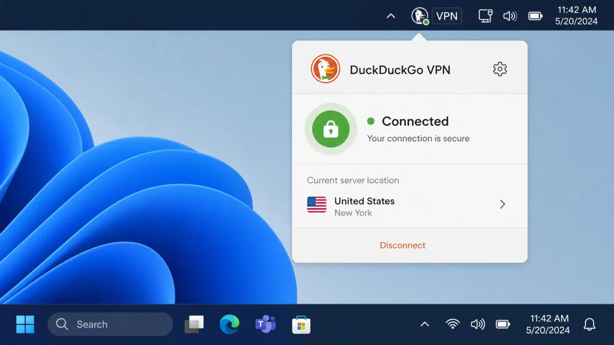 DuckDuckGo VPN shown connected in the Windows menu bar, displaying the active server location and a connection status indicator.