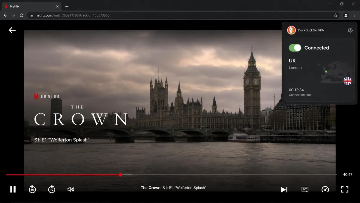 Netflix playing a title while DuckDuckGo VPN is connected to a UK server, with the VPN status indicator visible in the corner of the screen.