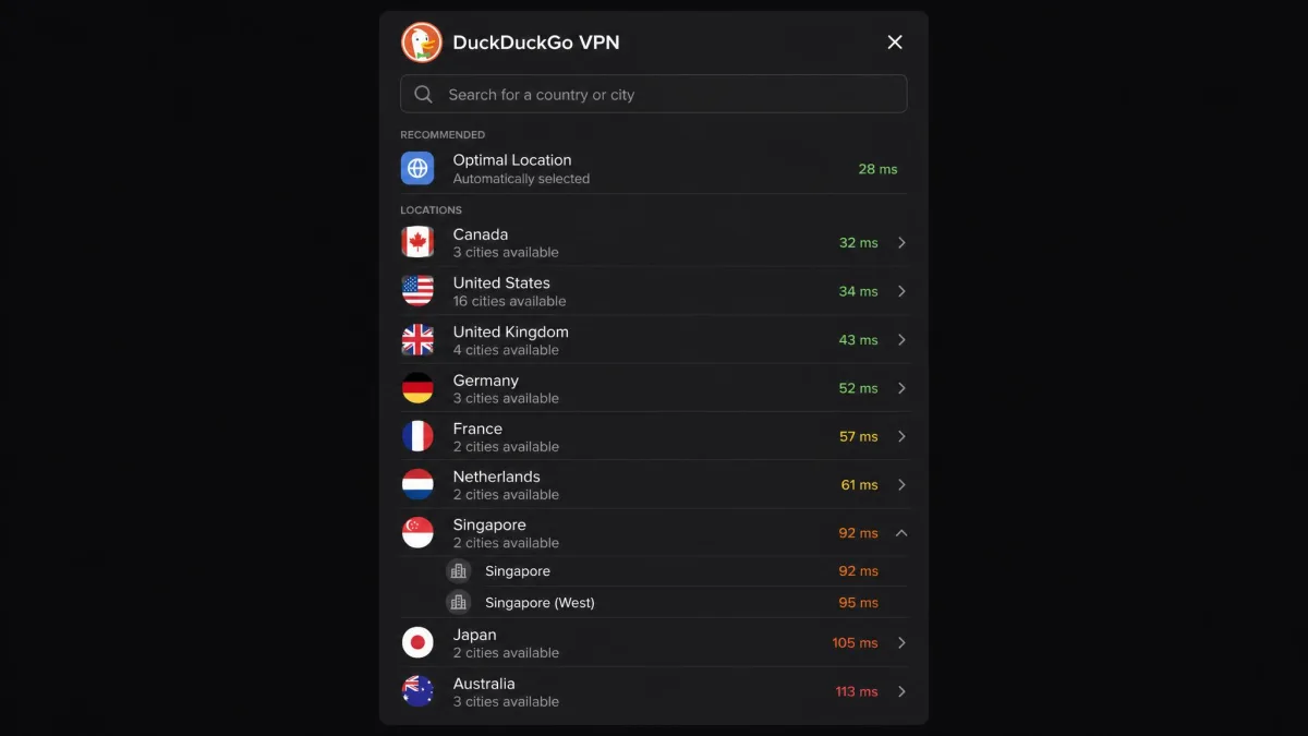 The DuckDuckGo VPN server location list showing selectable countries and cities with a search box at the top and connection latency shown beside each entry.