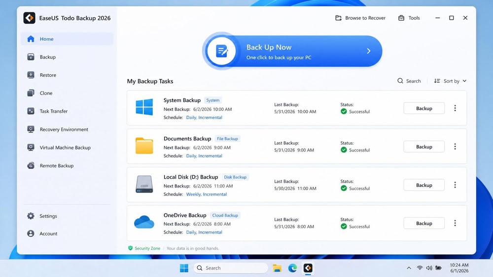 EaseUS Todo Backup 2026 main dashboard on Windows 11 showing existing backup tasks, status icons, and the large blue one-click backup button at the top.