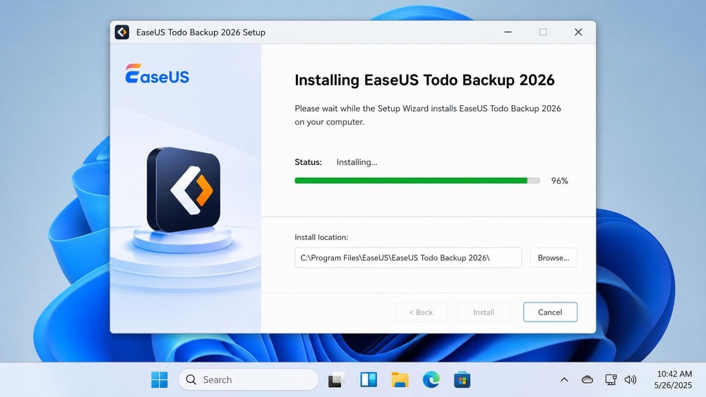 EaseUS Todo Backup 2026 installer window on Windows 11 showing the install-location field and a progress bar near completion.