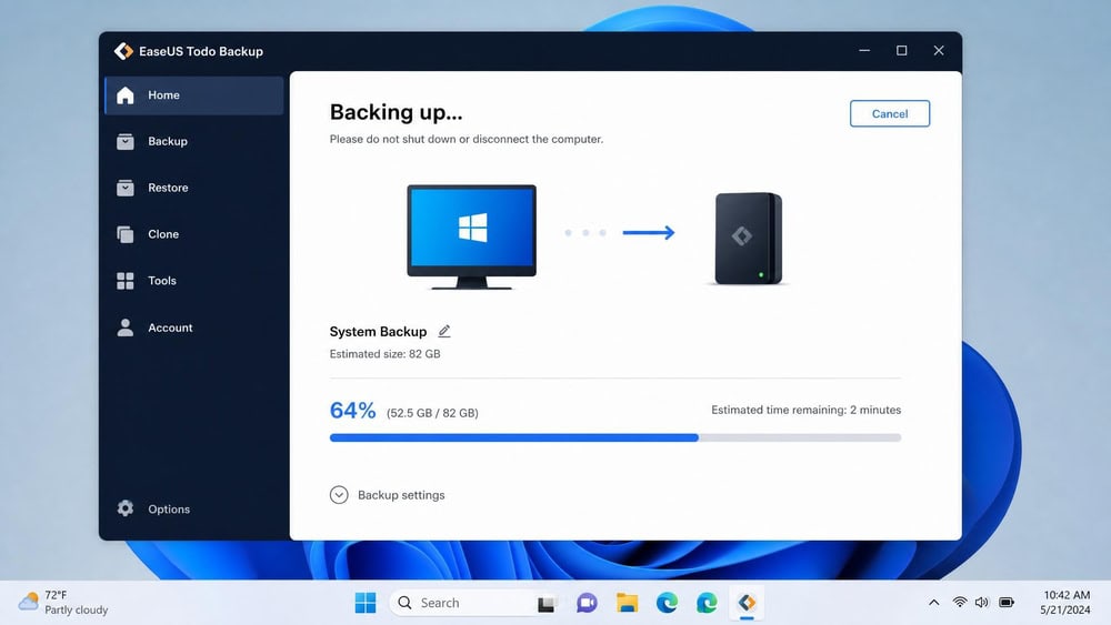EaseUS Todo Backup running an 82GB backup on Windows 11 with a live progress bar reading 64 percent and an estimated time remaining of two minutes.