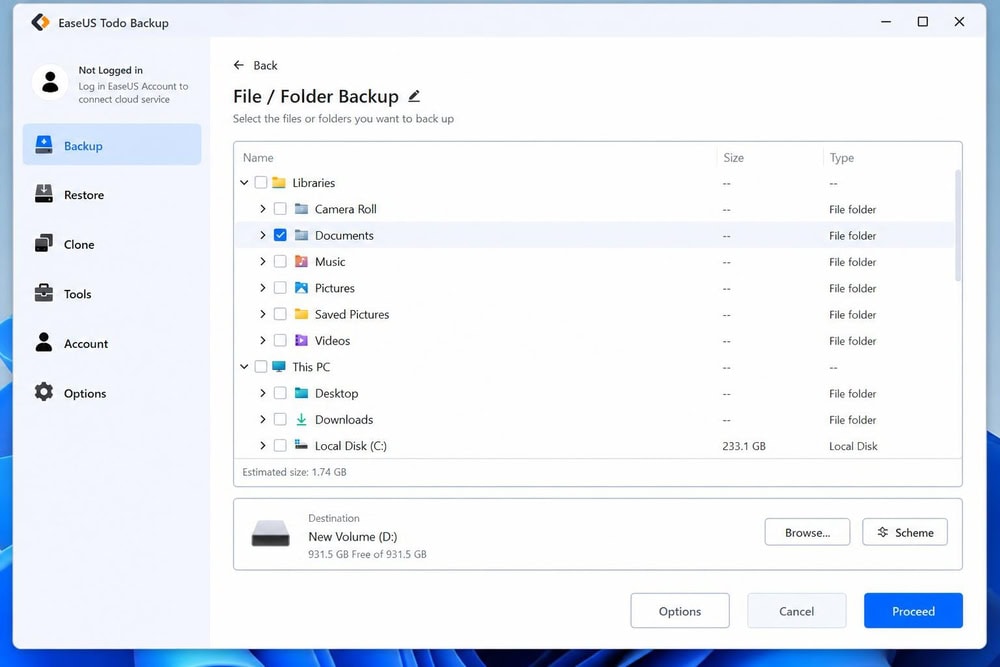 EaseUS Todo Backup file and folder selection screen on Windows 11 with a Documents folder checked and the destination drive shown at the bottom.