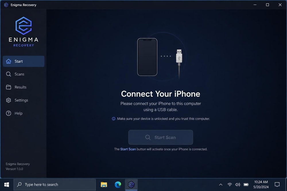 Enigma Recovery start screen on a Windows laptop prompting the user to connect an iPhone via USB cable before beginning a scan.