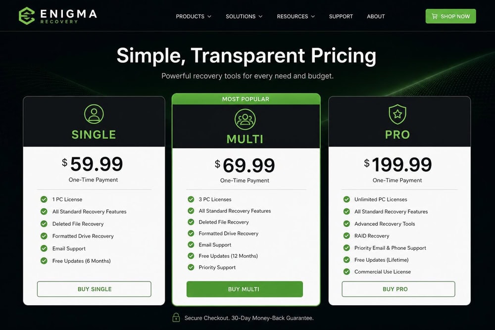 Enigma Recovery pricing page showing the Single, Multi, and Pro plans at $59.99, $69.99, and $199.99 side by side with feature checklists.