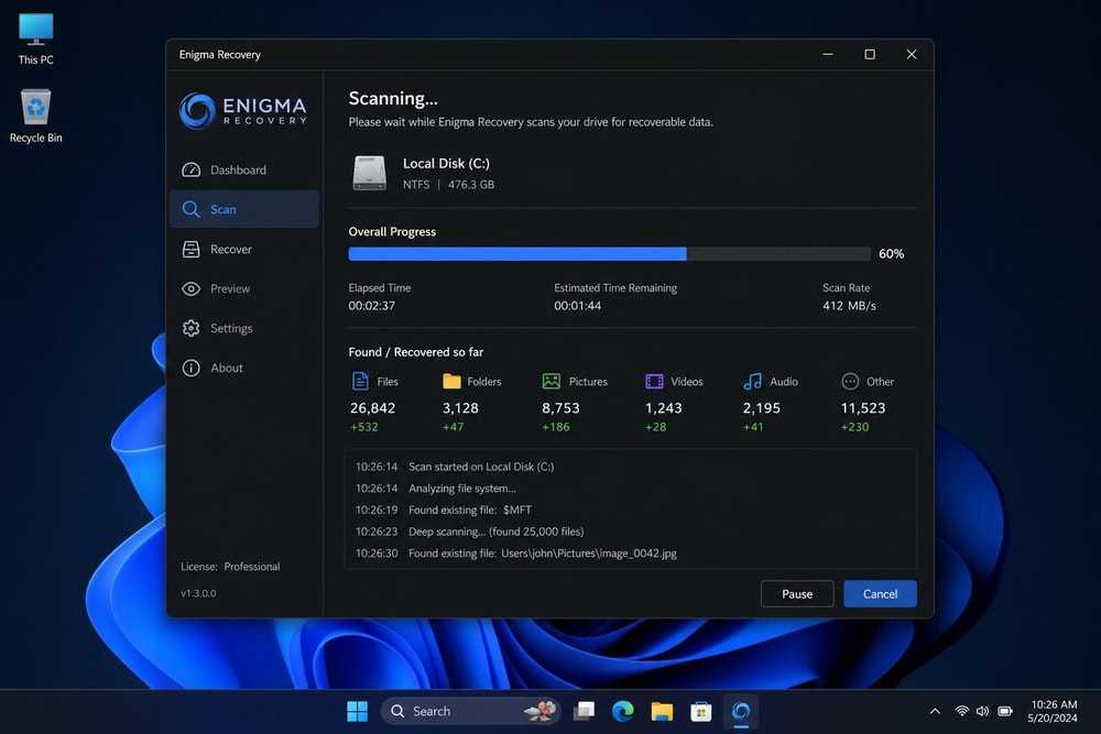 Enigma Recovery mid-scan on a Windows desktop showing a progress bar at roughly 60 percent with elapsed time and recovered-item counts updating live.