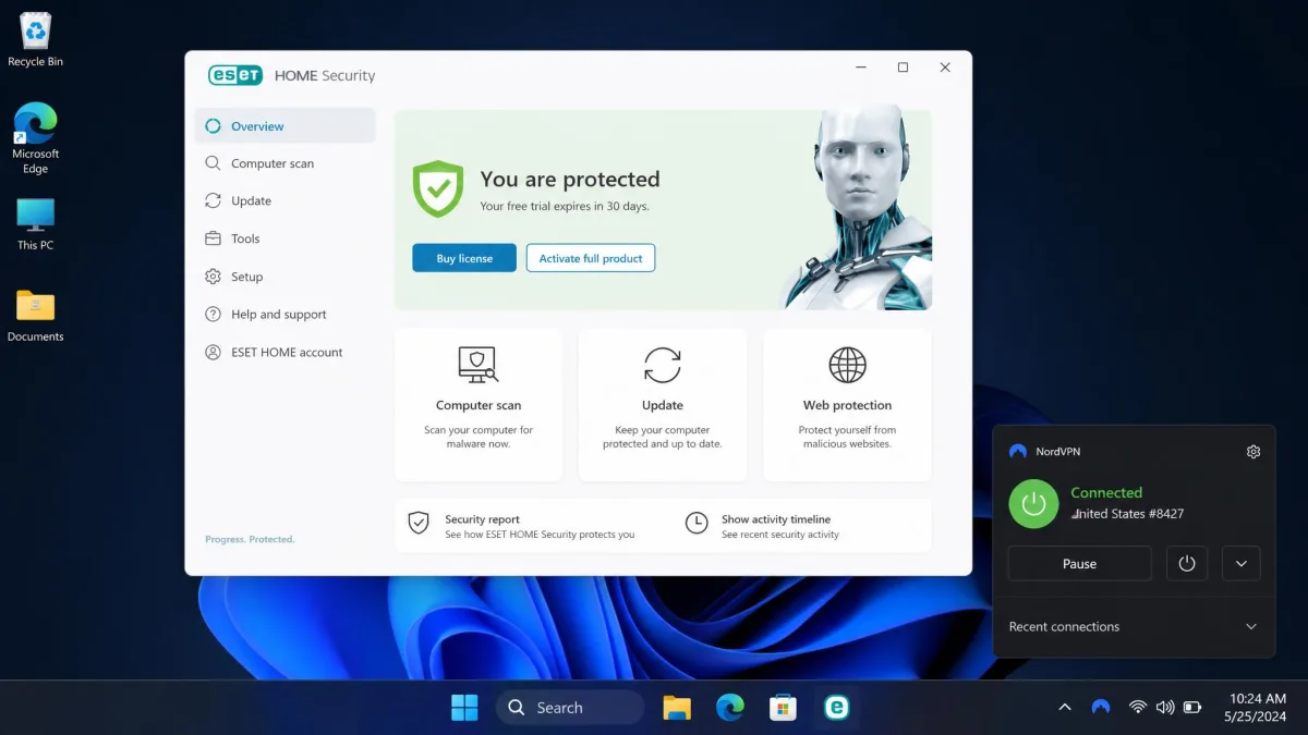 A Windows desktop with ESET HOME Security showing "You are protected" in one window and a connected third-party VPN client in the system tray.