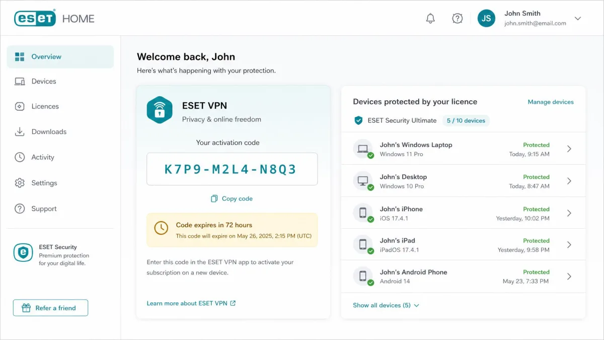 The ESET HOME account dashboard showing a 10-character ESET VPN activation code with a 72-hour expiry notice, next to the list of devices protected by the security licence.