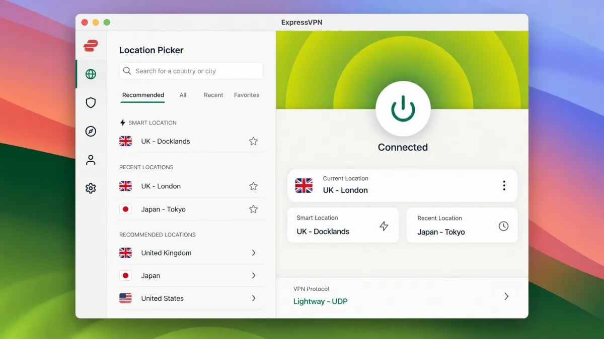 ExpressVPN's Mac app showing the location picker with UK and Japan servers listed and the Lightway protocol selected in the connection bar.