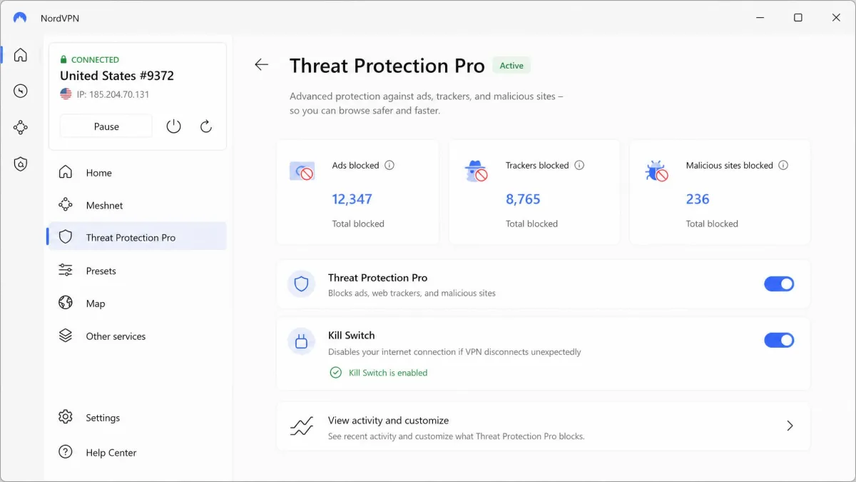 NordVPN's Windows app with the Threat Protection Pro panel open, showing counts of blocked ads, trackers and malicious sites alongside the kill switch toggle.