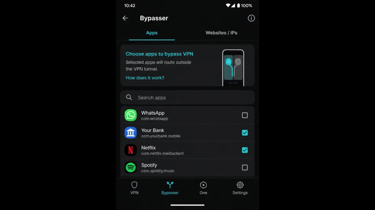 Surfshark's Android app on the Bypasser screen, with a banking app and a streaming app ticked to route outside the VPN tunnel.