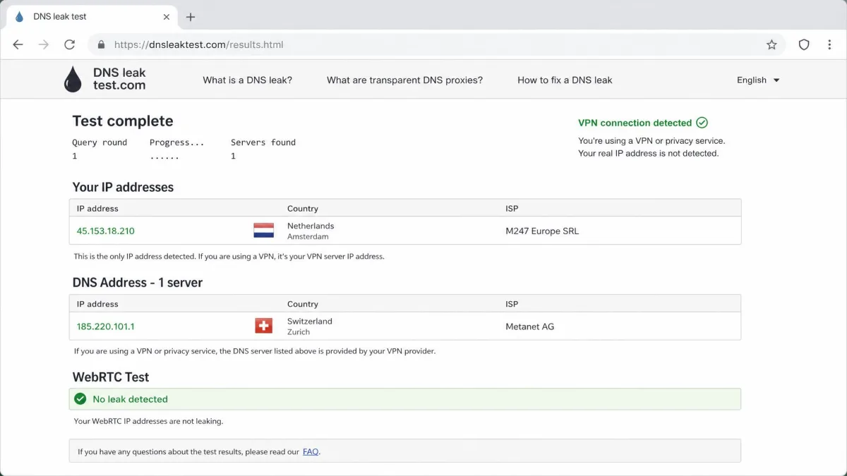 A browser showing DNS and WebRTC leak test results with a VPN connected, listing only the VPN server's IP address and resolver in another country.