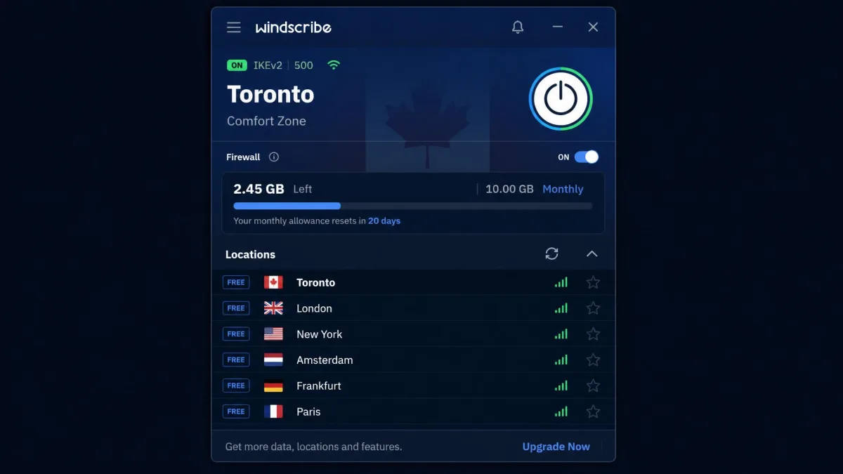 Windscribe's desktop app on the free plan showing the remaining monthly data allowance out of 10GB and the list of free server locations.