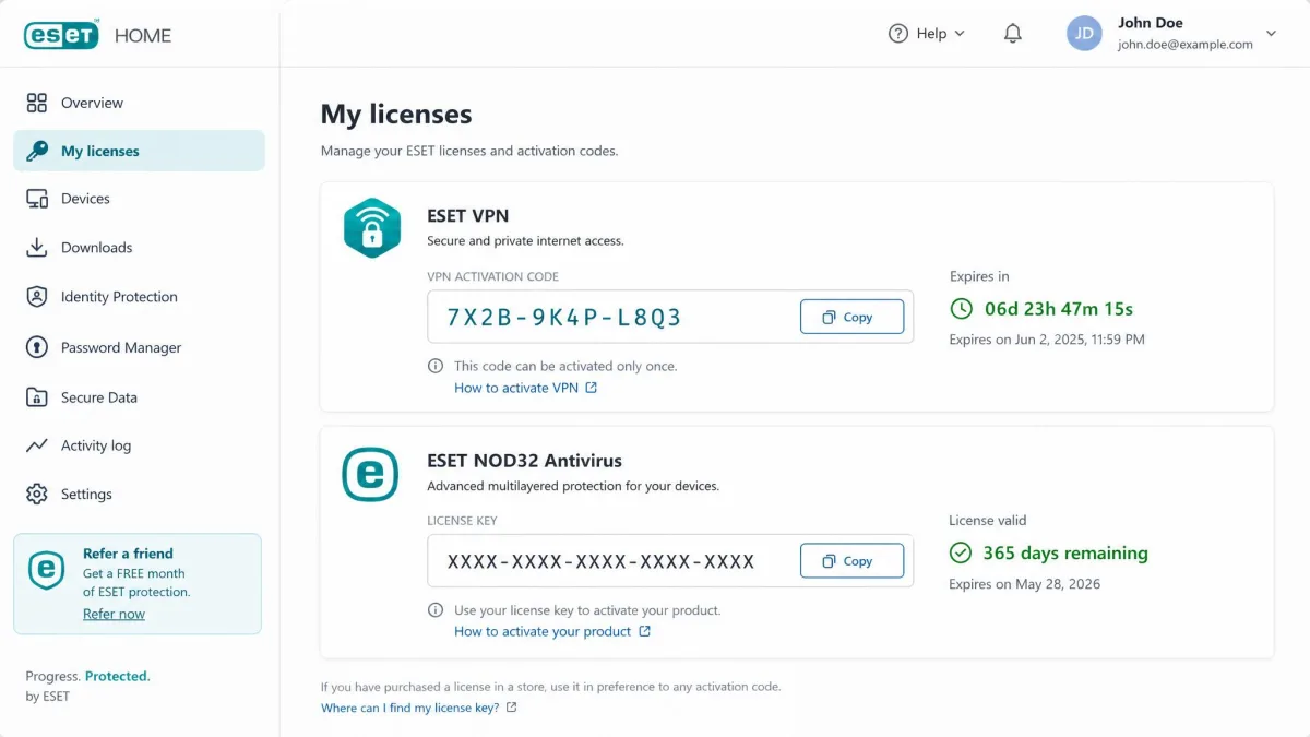 ESET HOME account screen showing a 10-character VPN activation code with its expiry timer, listed separately from the antivirus license key.