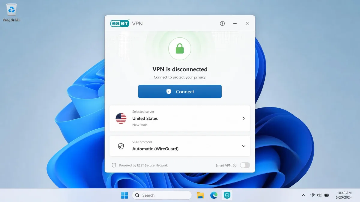ESET VPN desktop app main window showing the connect button, current server country, and the protocol selector on a Windows 11 laptop.
