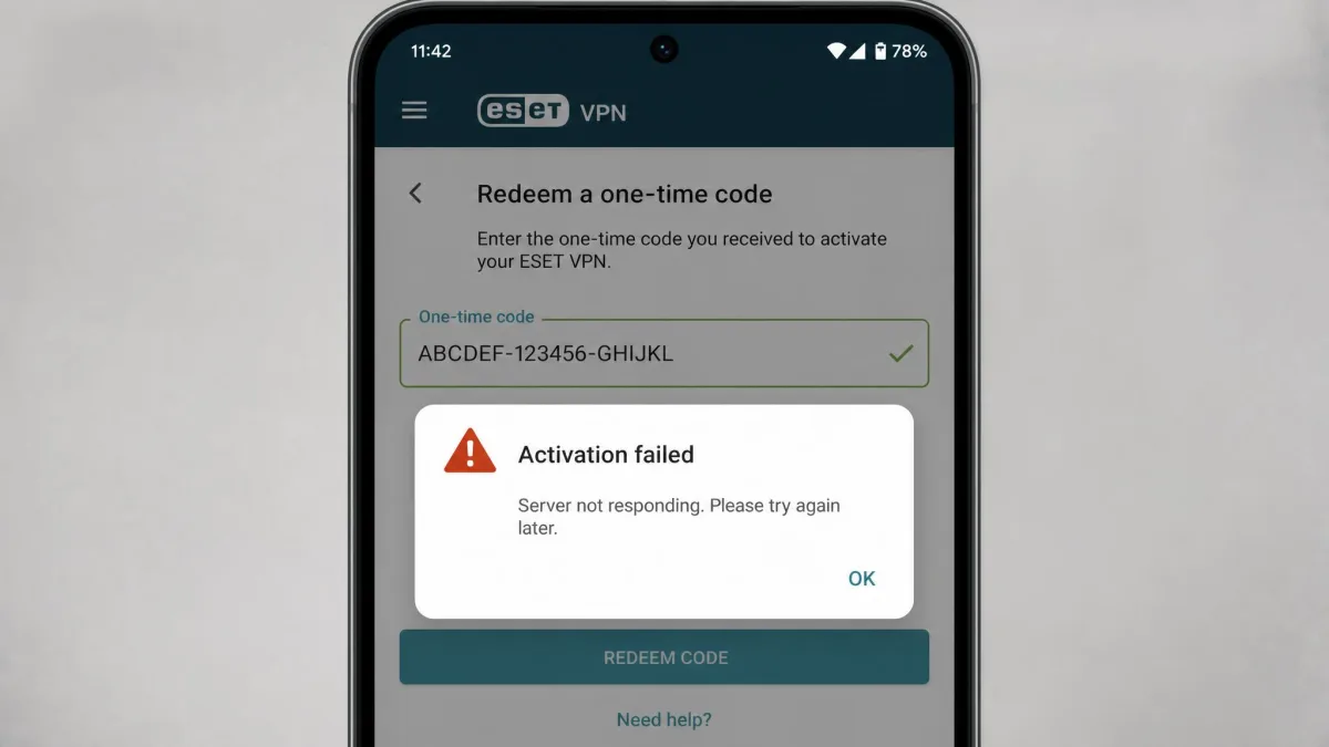 ESET VPN mobile app displaying a "server not responding" activation error during a one-time code redemption on an Android phone.