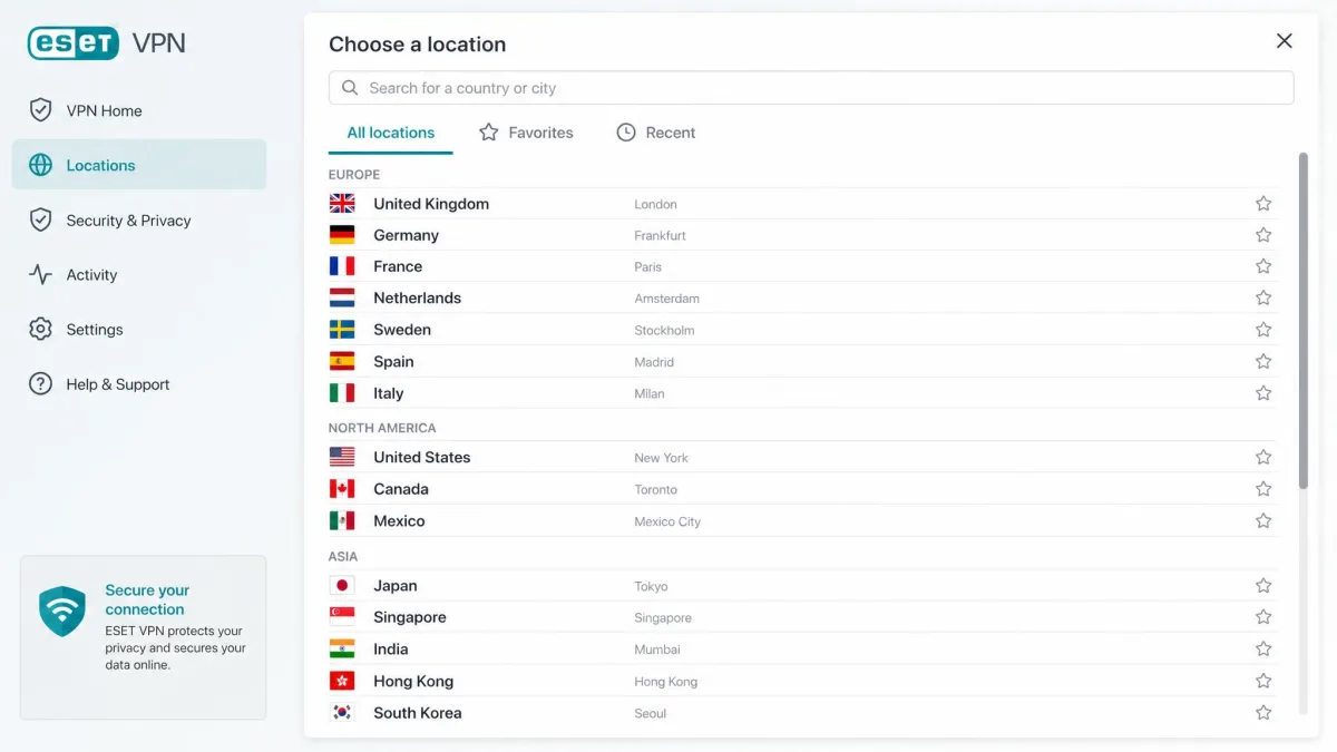 ESET VPN country picker showing a scrollable list of available server locations across Europe, North America, and Asia.