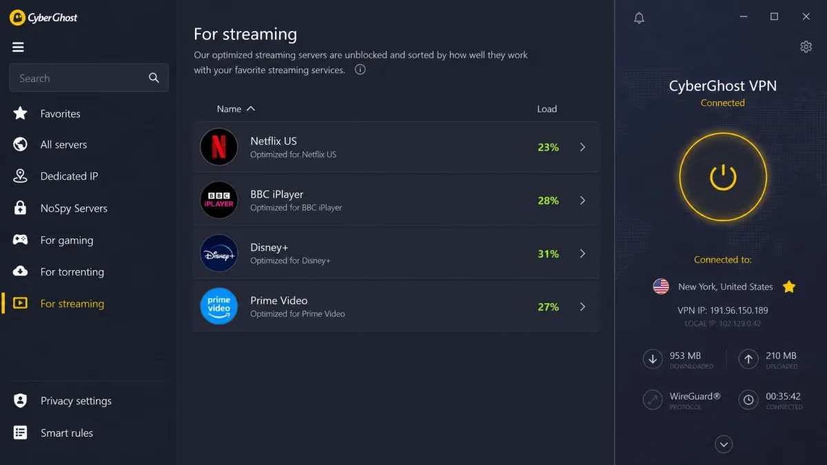 CyberGhost's Windows app with the "For streaming" server tab open, listing servers labelled Netflix US, BBC iPlayer, Disney+ and Prime Video with their current load percentages.